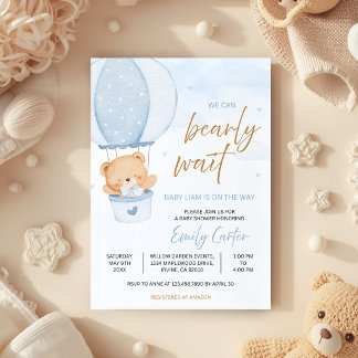 We Can Bearly Wait Teddy Bear Hot Air Balloon Baby Invitation