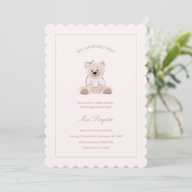 We Can Bearly Wait Teddy Bear Pink Baby Shower Invitation (Standing Front)