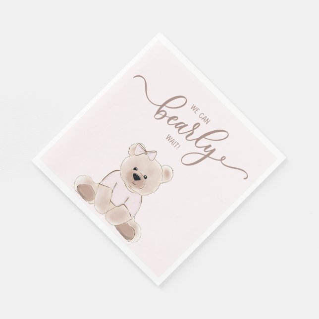 We Can Bearly Wait Teddy Bear Pink Baby Shower Napkin (Corner)