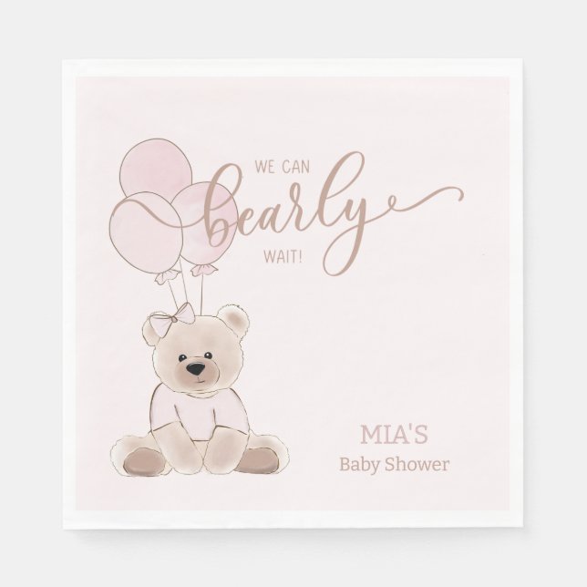 We Can Bearly Wait Teddy Bear Pink Baby Shower Napkin (Front)