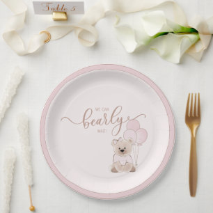 We Can Bearly Wait Teddy Bear Pink Baby Shower Paper Plate