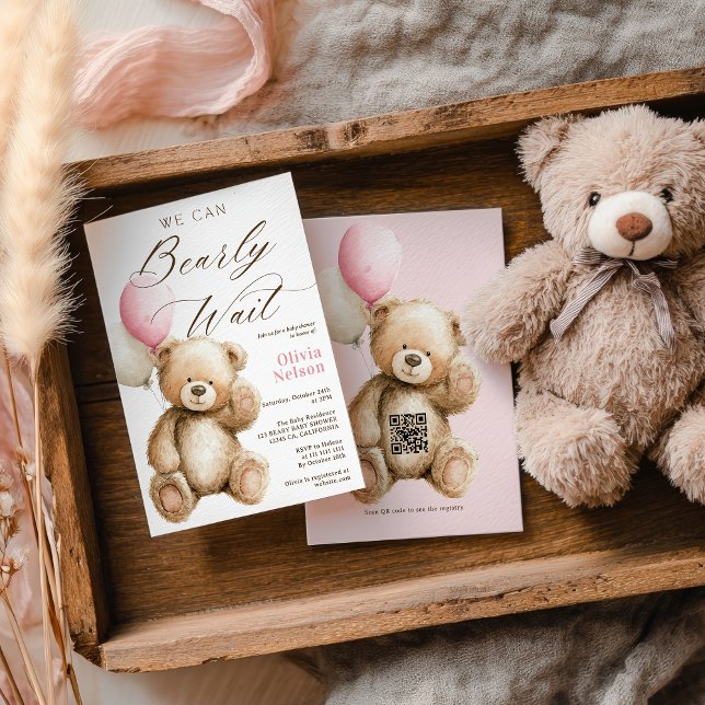 We Can Bearly Wait Teddy Bear QR Girl Baby Shower Invitation (We Can Bearly Wait Teddy Bear QR Girl Baby Shower Invitation)