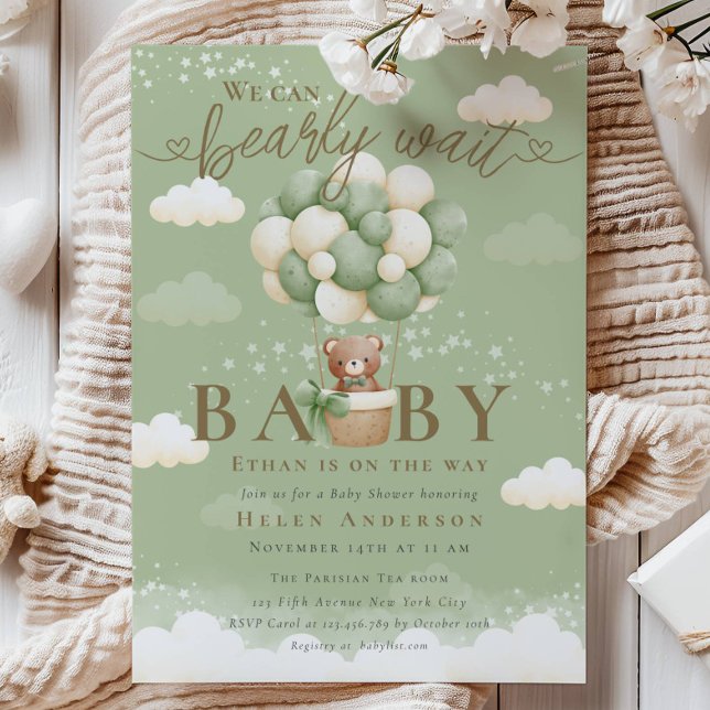 We can Bearly Wait Teddy Bear Sage Baby Shower Invitation (Creator Uploaded)