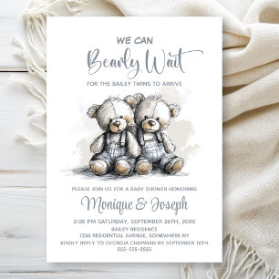 We Can Bearly Wait Teddy Bear Twins Baby Shower Invitation