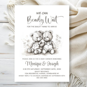 We Can Bearly Wait Teddy Bear Twins Baby Shower Invitation
