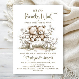 We Can Bearly Wait Teddy Bear Twins Baby Shower Invitation