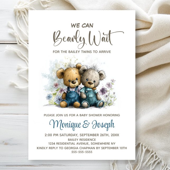 We Can Bearly Wait Teddy Bear Twins Baby Shower Invitation (Creator Uploaded)