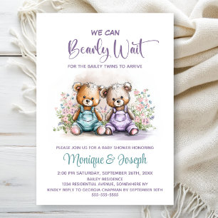 We Can Bearly Wait Teddy Bear Twins Baby Shower Invitation