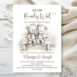 We Can Bearly Wait Teddy Bear Twins Baby Shower Invitation