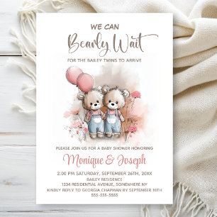We Can Bearly Wait Teddy Bear Twins Baby Shower Invitation