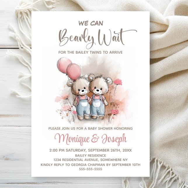 We Can Bearly Wait Teddy Bear Twins Baby Shower Invitation (Creator Uploaded)
