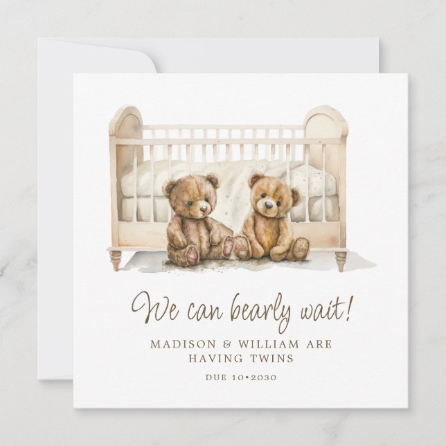 We Can Bearly Wait Teddy Bear Twins Pregnancy Invitation (Front)
