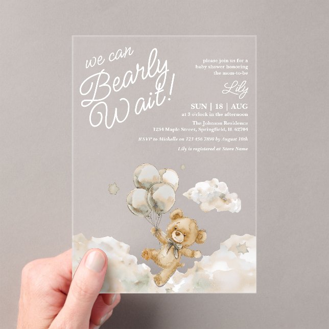 We Can Bearly Wait Teddy Neutral Beige Baby Shower Acrylic Invitations (Insitu (Handheld))