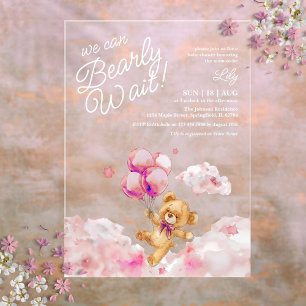 We Can Bearly Wait Teddy Pink Girl Baby Shower Acrylic Invitations