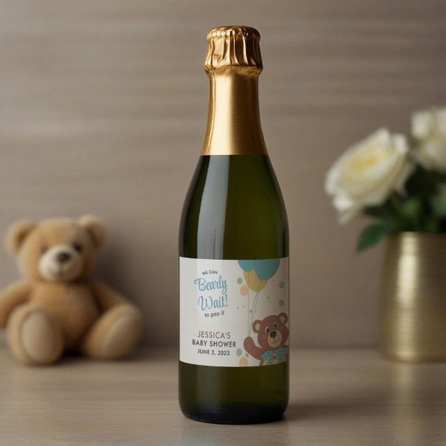 We Can Bearly Wait to Pop It Cute Baby Boy Shower Sparkling Wine Label (Creator Uploaded)