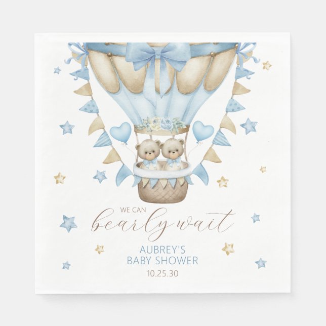 We Can Bearly Wait Twin Boy Baby Shower Napkin (Front)