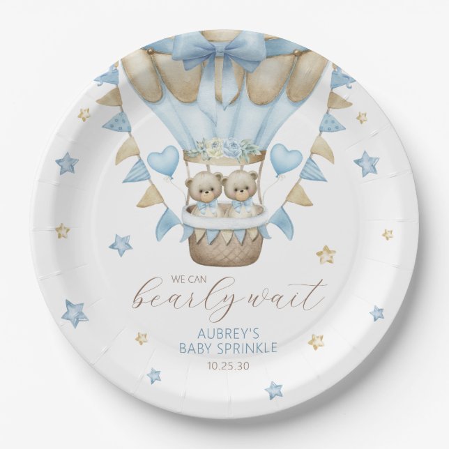 We Can Bearly Wait Twin Boy Baby Sprinkle Paper Plate (Front)