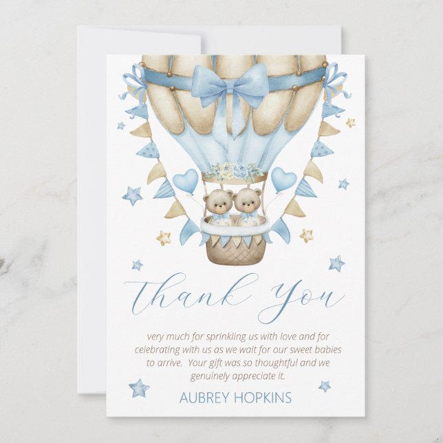 We Can Bearly Wait Twin Boy Baby Sprinkle Thank You Card (Front)