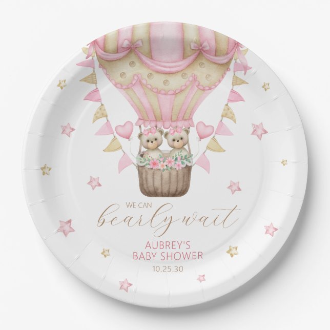We Can Bearly Wait Twin Girl Baby Shower Paper Plate (Front)