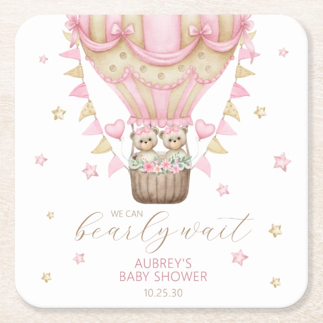 We Can Bearly Wait Twin Girl Baby Shower Square Paper Coaster (Front)
