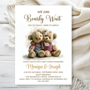 We Can Bearly Wait Twin Teddy Bears Baby Shower Invitation