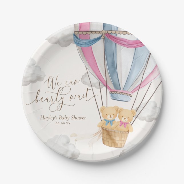 We Can Bearly Wait Twins Baby Shower Paper Plate (Front)