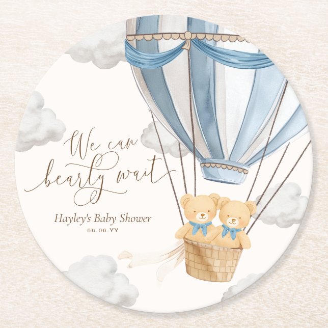 We Can Bearly Wait Twins Baby Shower Round Paper Coaster (Front)