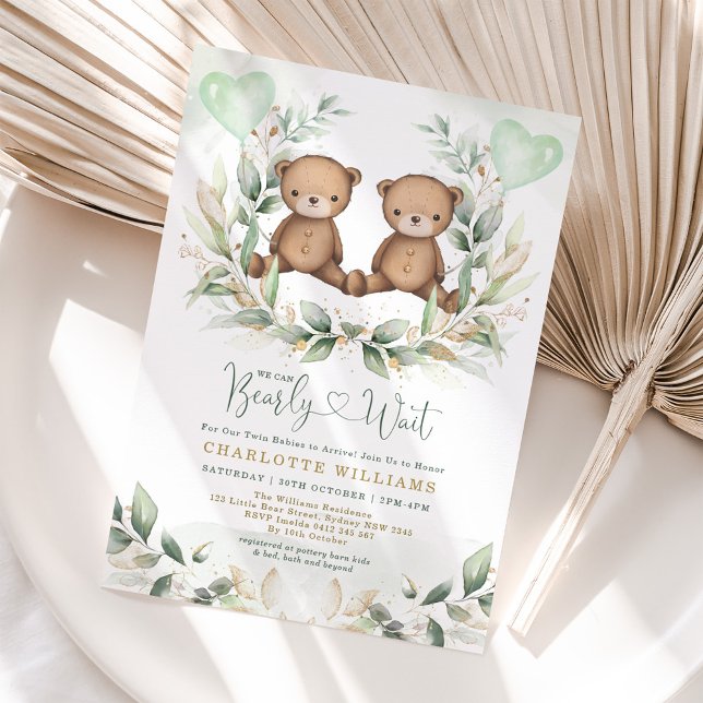 We Can Bearly Wait Twins Teddy Bear Baby Shower Invitation (Creator Uploaded)