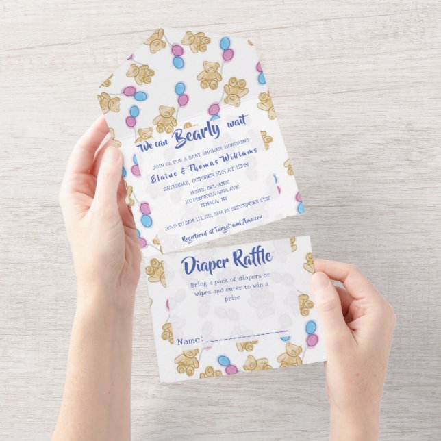 We Can Bearly Wait Watercolor Baby Shower Invites (Tearaway)