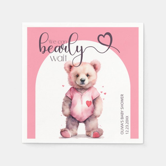 We can bearly wait watercolor bear Baby Shower Napkin (Front)