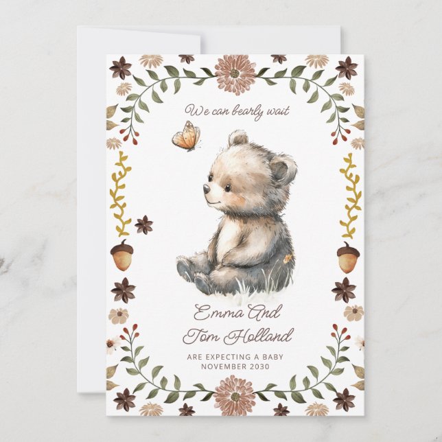 We Can Bearly Wait Watercolor Bear Pregnancy Announcement (Front)