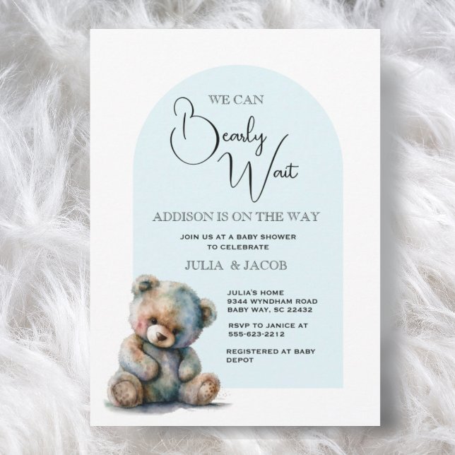 We Can Bearly Wait Watercolor Blue Baby Shower Invitation (Creator Uploaded)