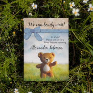 We Can Bearly Wait Watercolor Boy Baby Shower Invitation