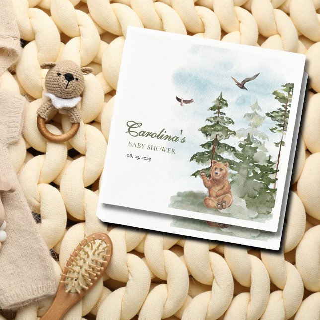 We Can Bearly Wait Watercolor Woodland Baby Shower Napkin (Creator Uploaded)