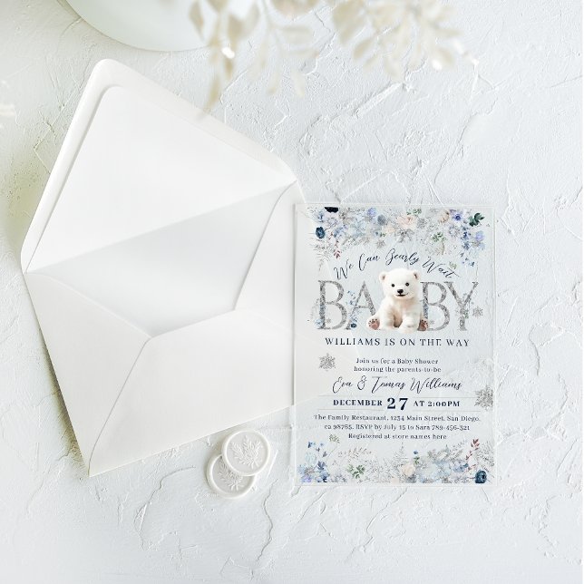 We Can Bearly Wait Winter Bear Baby Boy Shower Acrylic Invitations (Creator Uploaded)
