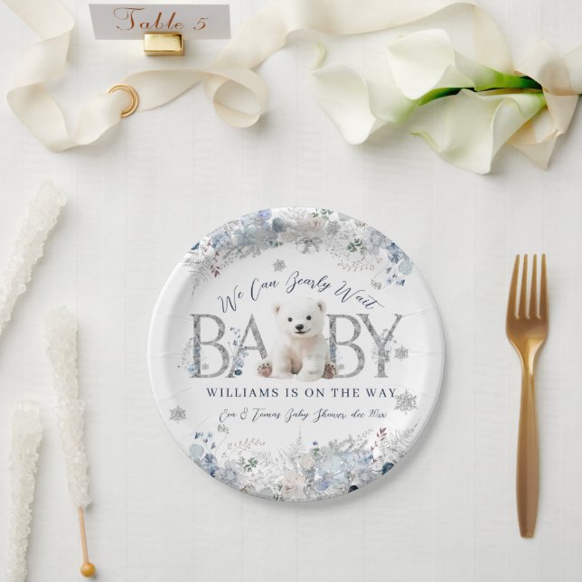 We Can Bearly Wait Winter Bear Baby Boy Shower Paper Plate (Wedding)
