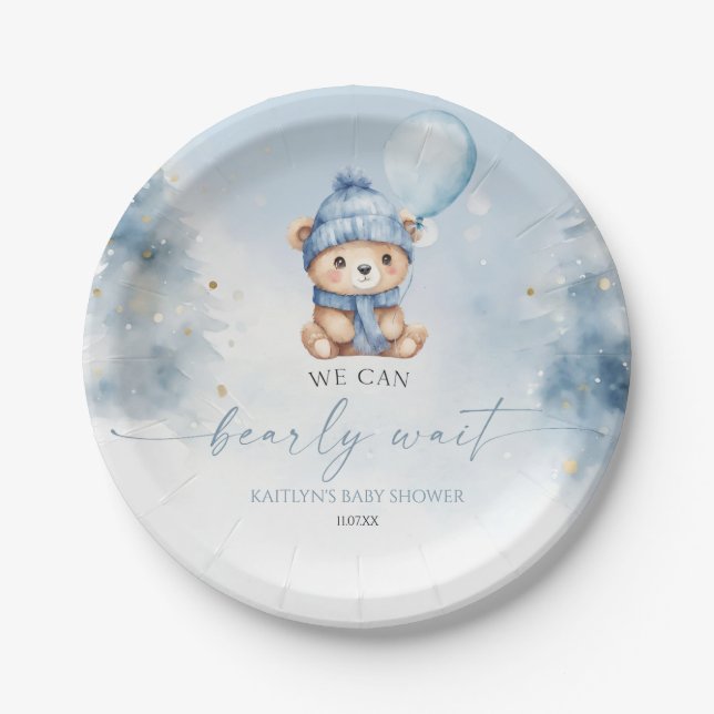 We Can Bearly Wait Winter Teddy Bear Baby Shower Paper Plate (Front)
