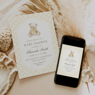 We Can Bearly Wait Yellow Gingham Teddy Bear Baby Invitation