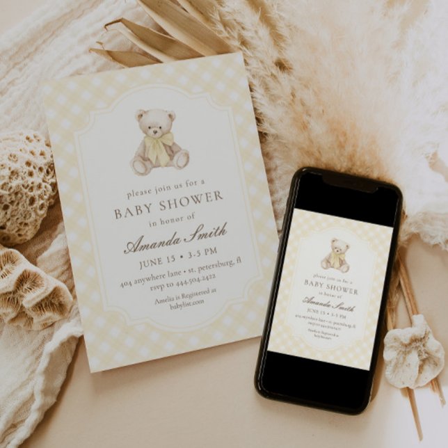 We Can Bearly Wait Yellow Gingham Teddy Bear Baby Invitation (Creator Uploaded)