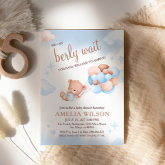We Can Berly Wait Teddy Bear Balloons Pastel Baby Invitation