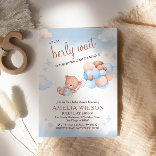 We Can Berly Wait Teddy Bear Balloons Pastel Baby  Invitation (Creator Uploaded)