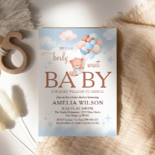 We Can Berly Wait Teddy Bear Blue Baby Shower Invitation