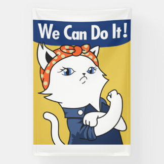 We Can Do It! White Cat Rosie the Riveter Banner