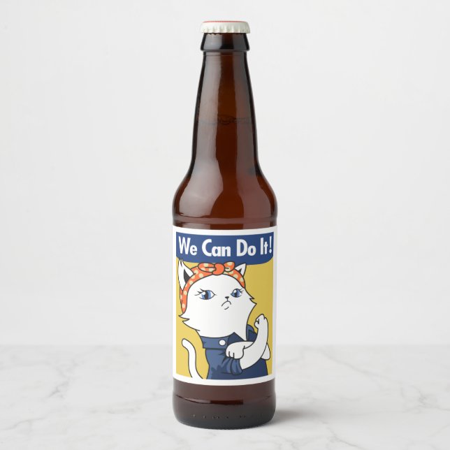 We Can Do It! White Cat Rosie the Riveter Beer Bottle Label (Front)