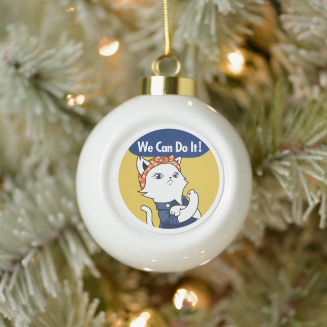 We Can Do It! White Cat Rosie the Riveter Ceramic Ball Christmas Ornament (Tree)