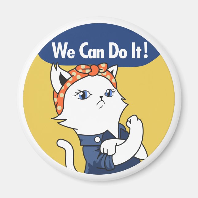 We Can Do It! White Cat Rosie the Riveter Magnet (Front)