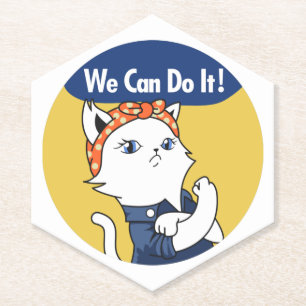 We Can Do It! White Cat Rosie the Riveter Paper Coaster