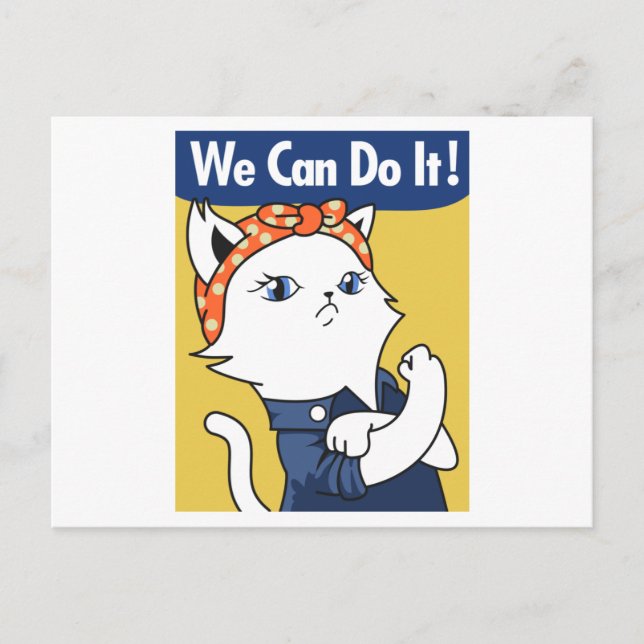 We Can Do It! White Cat Rosie the Riveter Postcard (Front)