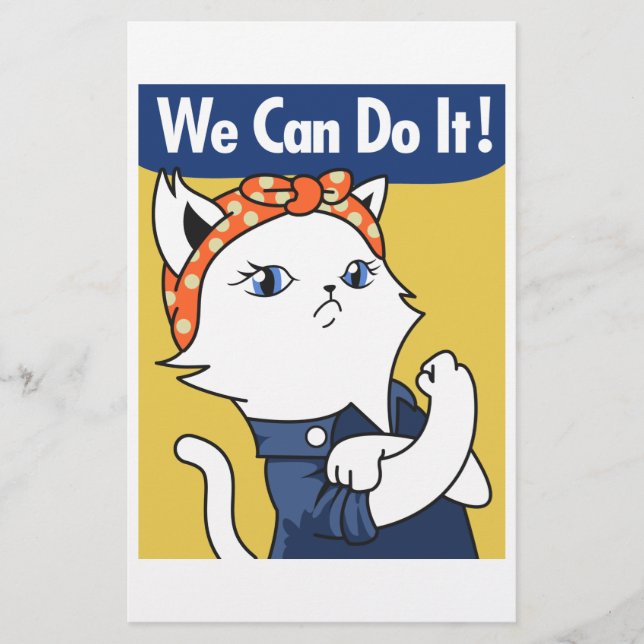 We Can Do It! White Cat Rosie the Riveter Stationery (Front)