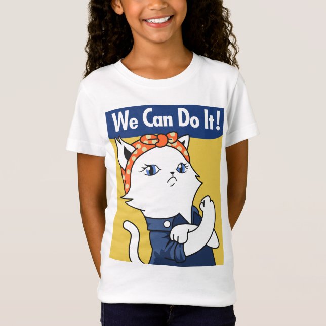 We Can Do It! White Cat Rosie the Riveter T-Shirt (Front)